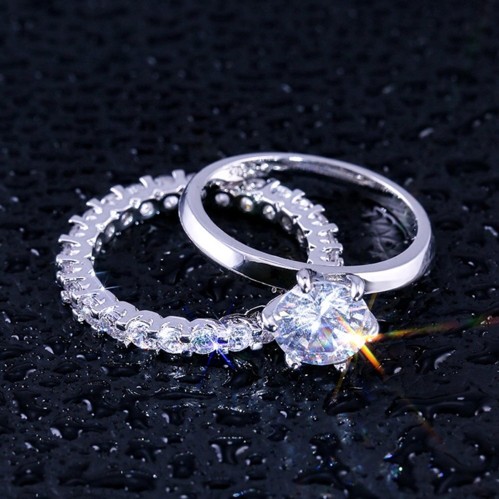 Beautiful 925 Silver Plated 2 Pcs CZ Wedding Ring, FB16FA1067 - Picture 2 of 7